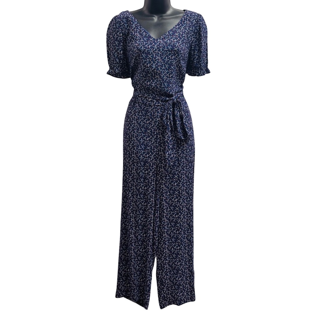 Talbots Petite Navy Blue Floral Wide Leg Jumpsuit with Pockets Size 8P